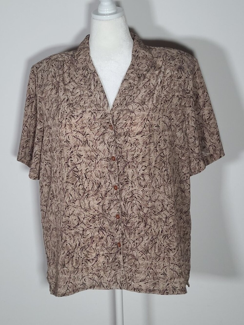 Donn Kenny Beige Tan Print Blouse Size 1X Short Sleeve